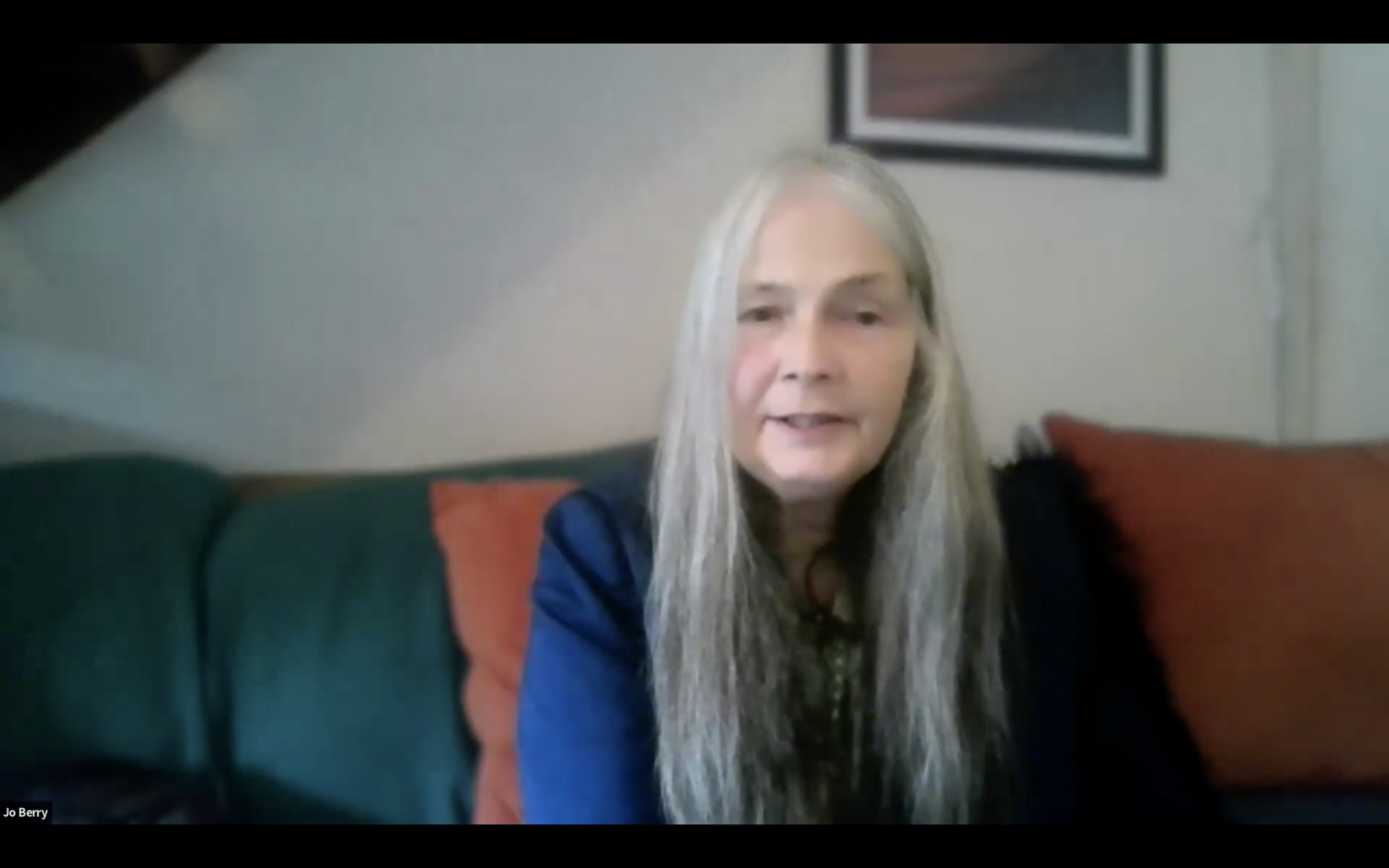 Jo Berry speaking on Zoom during the release of The Hardest Bridge