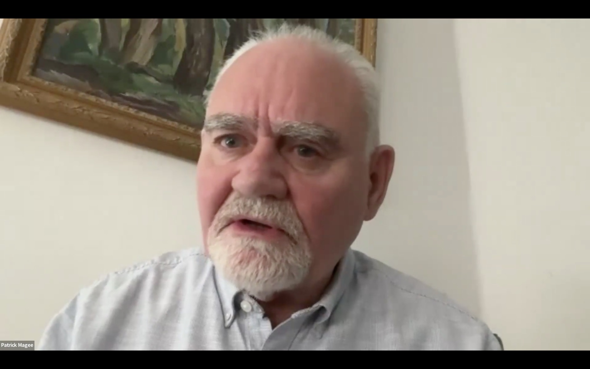Pat Magee speaking on Zoom during the release of The Hardest Bridge
