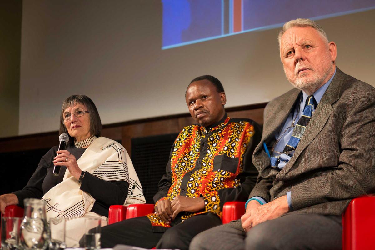 Ginn Fourie, Letlapa Mphahlele and Terry Waite on stage at the Royal Geographical Society
