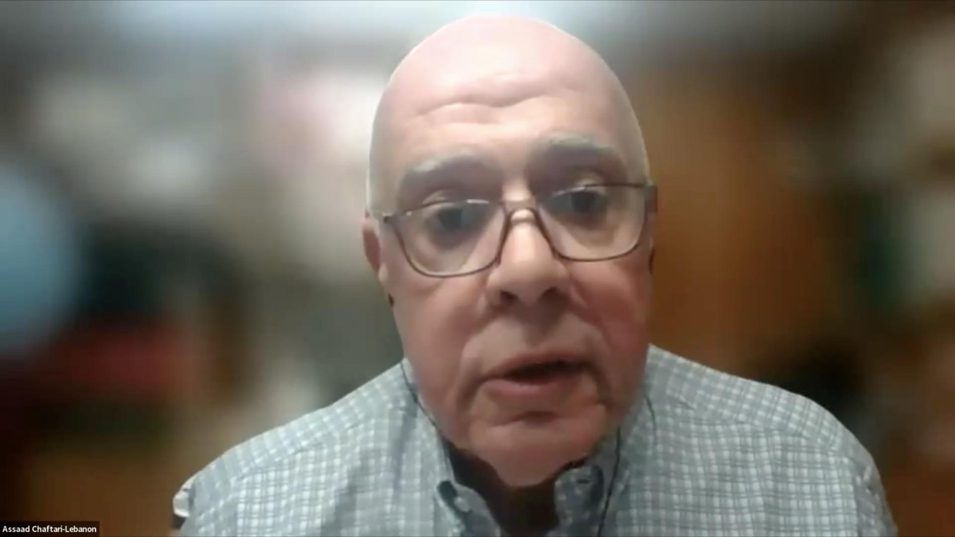 Assaad Chaftari speaking on Zoom during the release of The Hardest Bridge